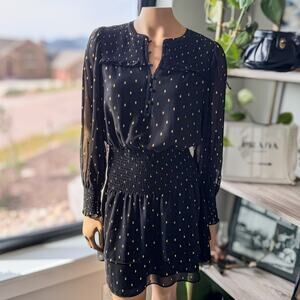 White House Black Market, Smocked Blouson Black/Gold Long Sleeve Mini Dress, XS